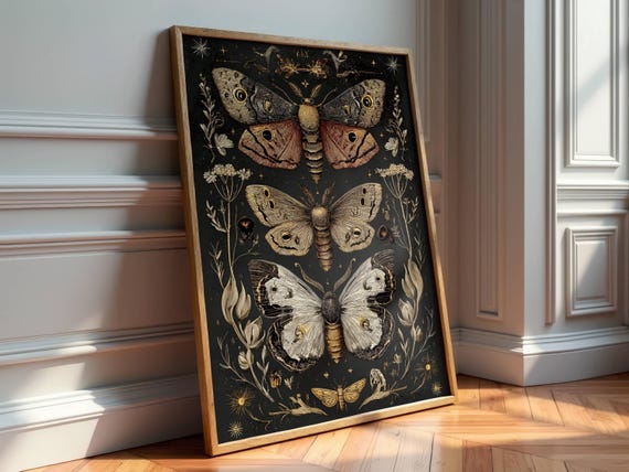 Botanical Moths Wall Art - Gothic Floral Wall Art - Dark Academia Print - Dark Cottagecore - Moody Fantasy Art Print - Vintage Decor Print