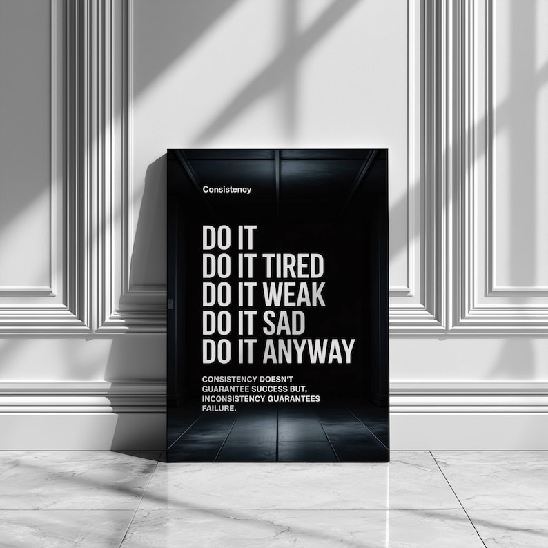 motivational poster
quote prints
minimalist poster
black wall art
gym art
typography poster
gym sign
gym gift
office wall decor
gym poster
downloadable prints
printable wall art
consistency wall art