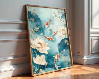 Japansk Koi-fisk väggkonst - Fisk som simmar i dammen tryck - Blommigt zentryck - Lotustryck - Asiatisk fiskkonst - Japansk dekor - Digital nedladdning