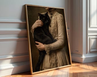 Viktoriansk kvinna och svart katttryck - Dark Academia Art - Vintage husdjursporträtt - Moody Dark Cottagecore - Viktoriansk dekor - Digital nedladdning