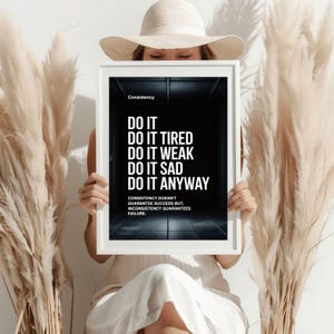 motivational poster
quote prints
minimalist poster
black wall art
gym art
typography poster
gym sign
gym gift
office wall decor
gym poster
downloadable prints
printable wall art
consistency wall art