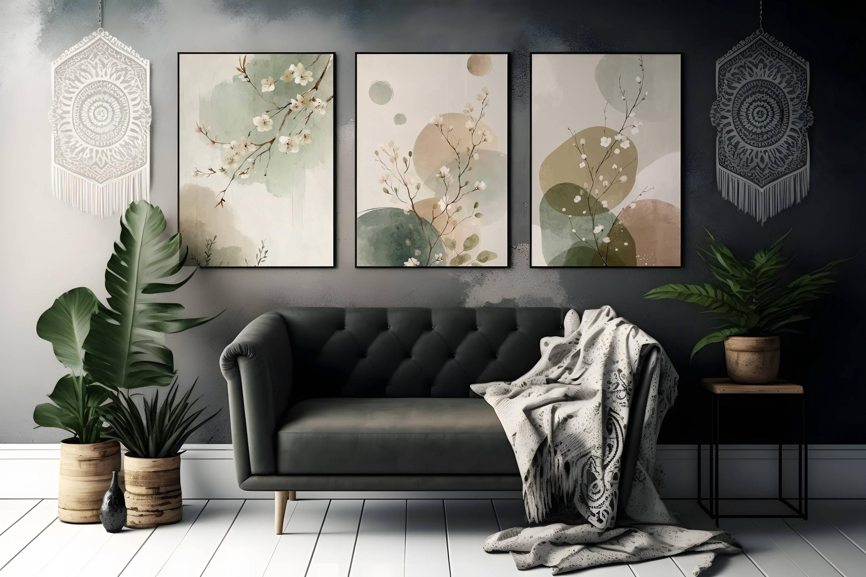 Sage Green Japandi Set of 3 Wall Art - Watercolor Botanical Wall Art ...