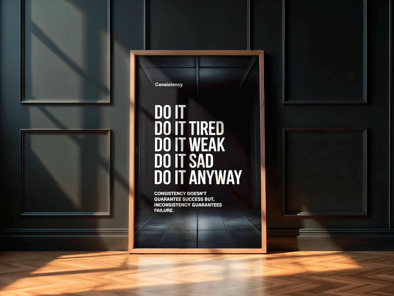 motivational poster
quote prints
minimalist poster
black wall art
gym art
typography poster
gym sign
gym gift
office wall decor
gym poster
downloadable prints
printable wall art
consistency wall art