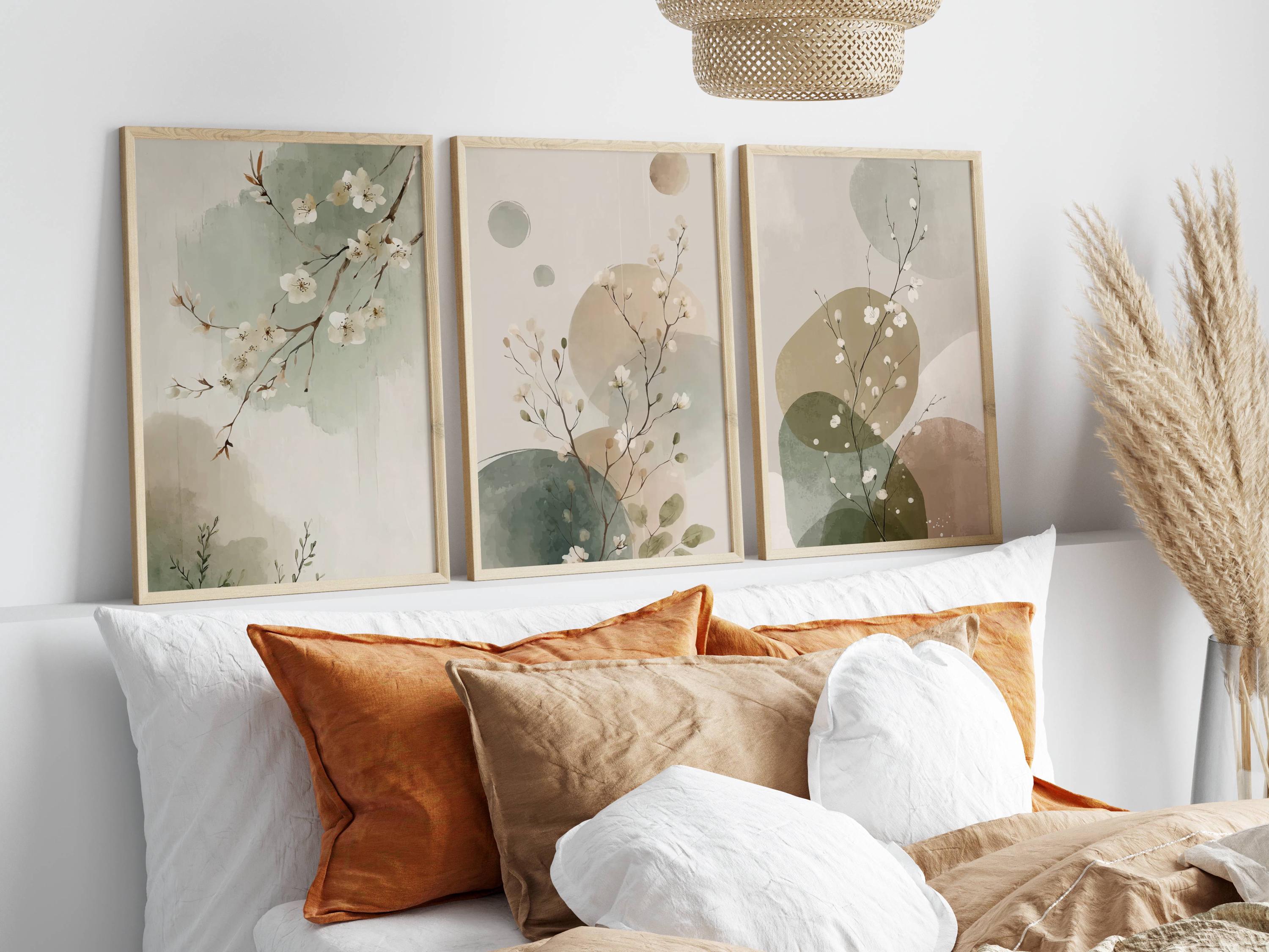 Sage Green Japandi Set of 3 Wall Art - Watercolor Botanical Wall Art ...