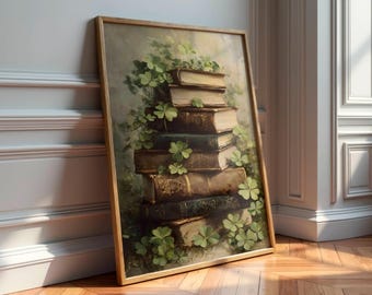 May include: A framed artwork depicts a stack of antique books adorned with green shamrocks. The books, in varying shades of brown and green, are arranged in a vertical pile. The artwork is set against a muted, neutral background, with a wooden frame.