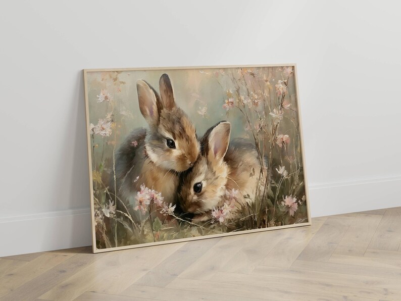 Cute Easter Bunnies in Wildflower Field Wall Art - Neutral Easter Print ...