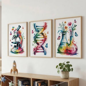 Zestaw 3 grafik ściennych z motywami naukowymi – wydruk DNA – kolorowa grafika ścienna z motywami genetycznymi – dekoracja laboratorium naukowego w akwarelach – prezent dla lekarzy – materiały do druku z biologii