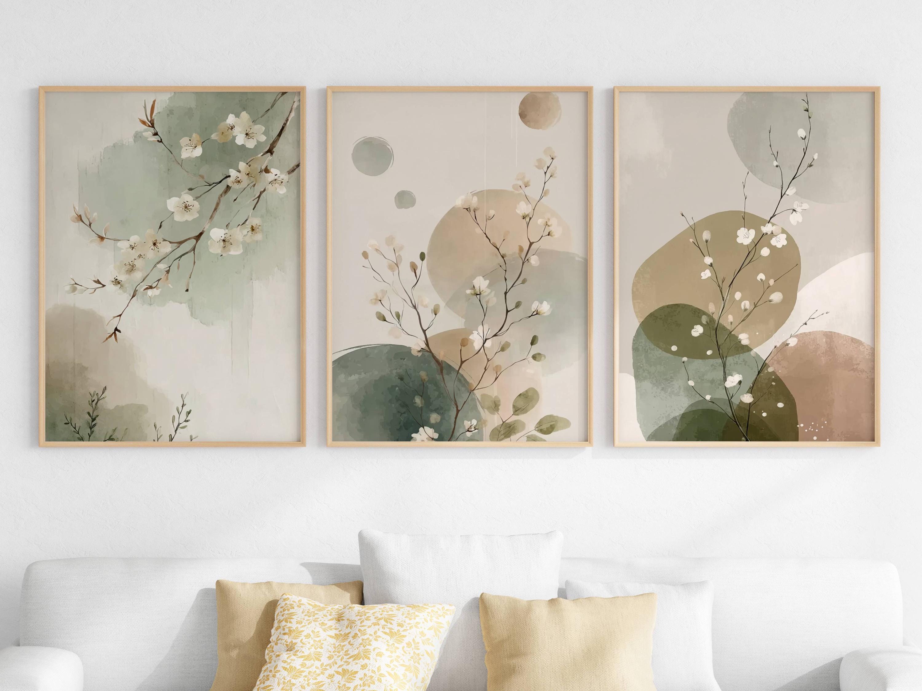 Sage Green Japandi Set of 3 Wall Art - Watercolor Botanical Wall Art ...