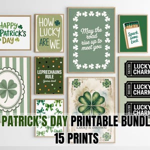 May include: A set of 15 St Patrick's Day prints with shamrocks, lucky charms, and phrases such as "Happy St. Patrick's Day" and "How Lucky Are We." The colour scheme includes green, white, and brown. The prints are framed.
