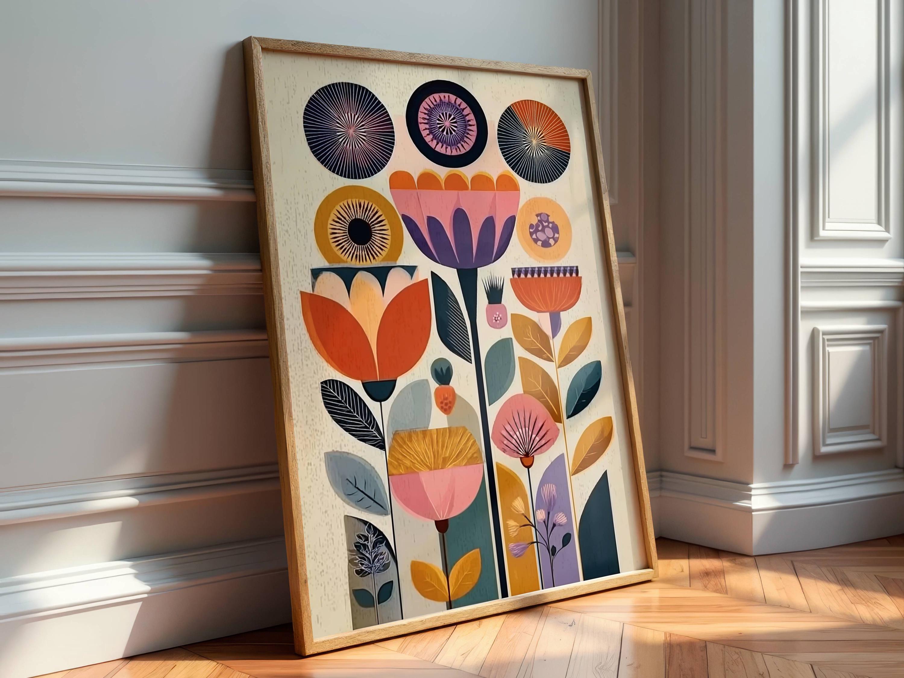 Scandinavian Folk Art Print - Colorful Botanical Wall Art - Mid Century ...