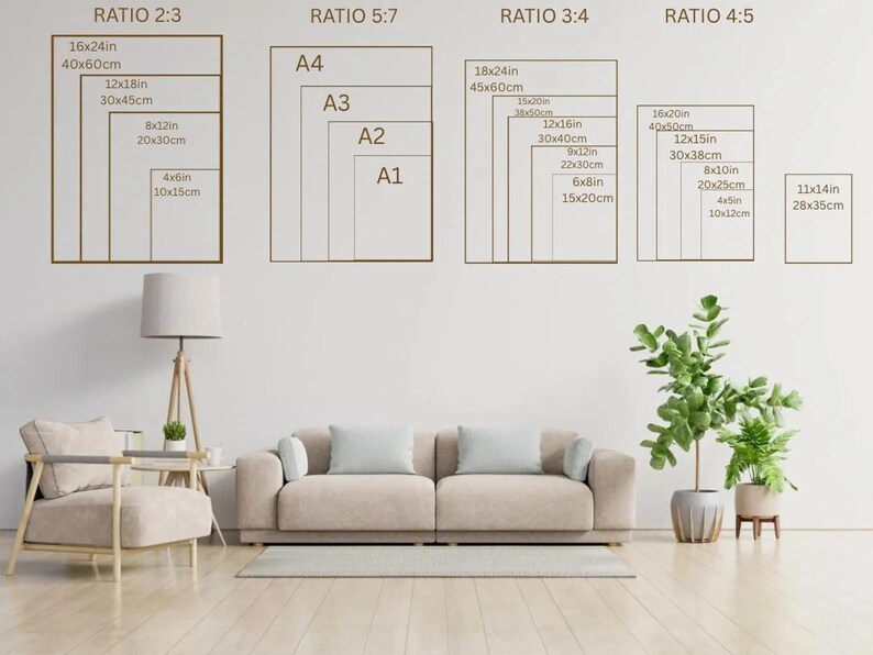 May include: A room interior with a beige sofa, armchair, and a wooden floor. The wall displays print size ratios with dimensions in inches and centimeters, including 16x24in, 12x18in, 8x12in, 4x6in, and others.