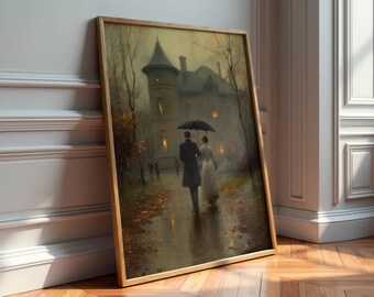 Viktoriansk väggkonst för par - Dark Academia regnig dagstavla - Vintage romantisk konst - Stämningsfullt mörkt Cottagecore-stavla - Utskrivbar viktoriansk dekor