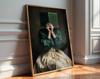 Viktoriansk kvinna som läser boktryck - Dark Academia Art - Stämningsfull kvinnakonst - Dark Cottagecore - Vintage läshörnsdekor - Digital nedladdning