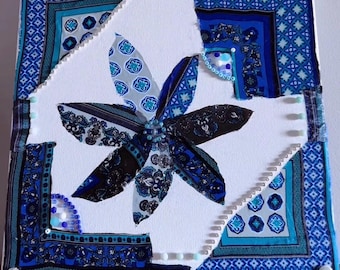 Blue kaleidoscope flowers collage (on canvas)