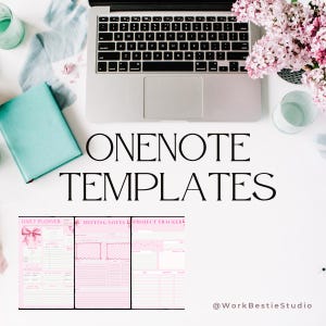 Puede incluir: Un ordenador portátil, un cuaderno y flores rosas están dispuestos sobre una superficie blanca. La imagen presenta el texto "ONENOTE TEMPLATES" y un planificador rosa y blanco con el texto "DAILY PLANNER", "MEETING NOTES" y "PROJECT TRACKER".