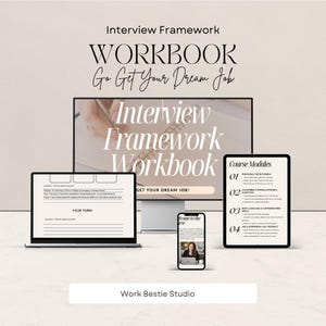 Op de afbeelding: Een digitale marketingafbeelding met een computermonitor, laptop, tablet en smartphone met een "Interview Framework Workbook". De tekst "Go Get Your Dream Job" is ook zichtbaar. De afbeelding heeft een neutraal kleurenpalet.