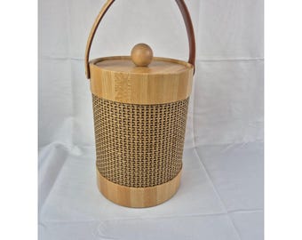 Vintage Mid Century Modern Woven Wood Ice Bucket w Lid and Handle Boho Barware