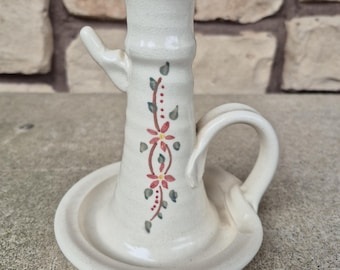 Signed Studio Pottery Chamberstick Candle Holder Hand Painted Floral Stoneware Rustic Farmhouse Decor Primitive Finger Loop Candlestick