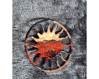 Broche vintage con rostro de sol celestial, diseño de caparazón de tortuga, color ámbar marrón, 2 pulgadas.