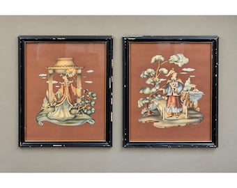 Vintage Chinoiserie Pair Framed Art Prints Mid Century Modern Asian Decor Set 2