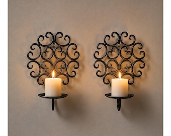 Set of 2 Black Wrought Iron Wall Sconces, Scroll Pillar Candle Holders Rustic