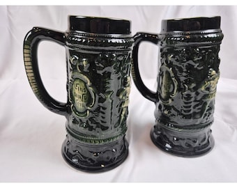 Vintage Set 2 German Beer Steins Gus Und Rein Relief Green Stoneware Mugs
