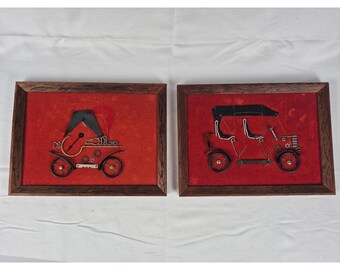 Vintage Steampunk Antique Car Hardware Assemblage Wall Art Folk Decor 2 pc Set