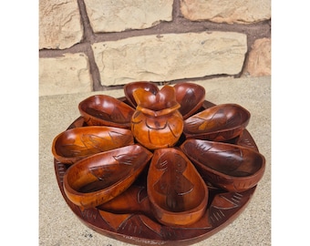 Vintage Hand Carved Wood Snack Serving Set Tray Bowls Mid Century Boho