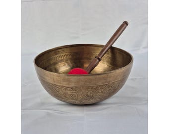Tibetan Singing Bowl Set 9" Brass Flower of Life Etched Meditation Sound Bath