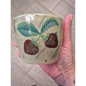 May include: A ceramic bowl with a strawberry design. The bowl is beige with a strawberry plant illustration in red and green. The bowl is held in a hand.