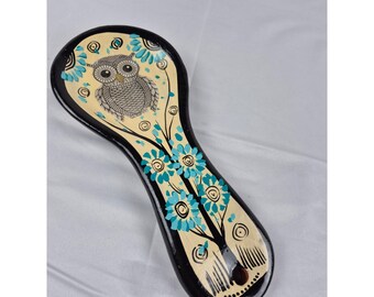 Hand Painted Ceramic Owl Spoon Rest Teal Floral Folk Art Pottery Kitchen Decor