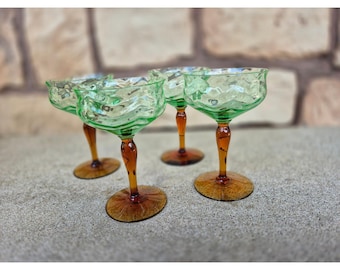 Vintage MCM Green Amber Cocktail Martini Glasses Set 4 Textured Goblets