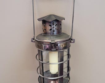 Vintage Nautical Candle Lantern | Brass Tone Maritime Decor | Coastal Cabin Hanging Lantern