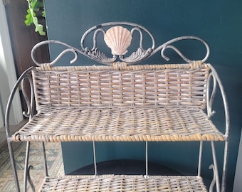 Coastal Wicker & Metal Two-Tier Shelf | French Country Cottage Decor Seashell