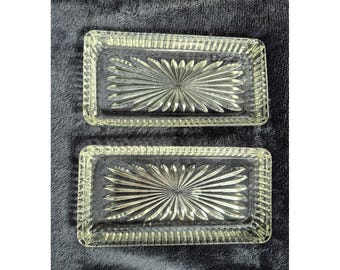 Juego de 2 bandejas para mantequilla de vidrio prensado transparente vintage con diseño de estrella.