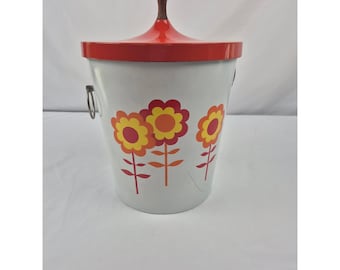 Vintage 1970s Flower Power Ice Bucket Red Lid Daisy Retro Barware Made in Japan