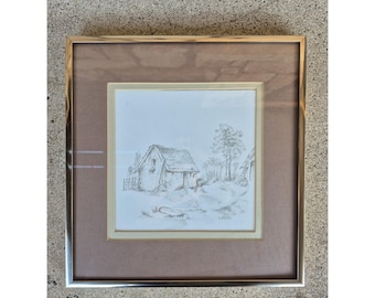 Vintage 1981 Signed Pencil Drawing Cottage Farmhouse Framed 10x9.75 Art