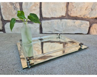 Vintage Perfume Hollywood Regency Mirrored Vanity Tray Glass Rod Gallery 9x12