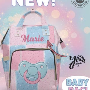 Mochila para pañales con diseño de corazones de patchwork, color rosa bebé y azul, personalizada