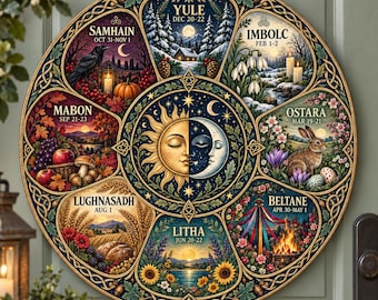 Wheel of the Year Wooden Sign, Sun And Moon Pagan Sabbat Wall Decor, Witchy Garden Sign, Wiccan Seasonal Calendar, Celtic Home Decor
