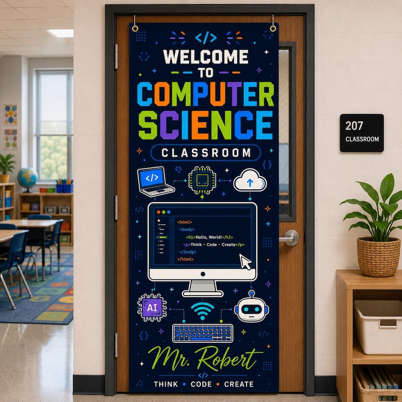 Personalisierte Türdekoration für Informatik-Klassenzimmer, individuelles Türschild mit Lehrernamen Bild 1