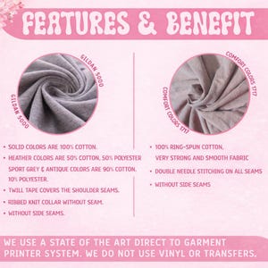 May include: A pink graphic with the text "FEATURES & BENEFIT" and details about Gildan 5000 and Comfort Colors 1717 t-shirts. The image highlights fabric composition, including 100% cotton and polyester blends, and features like double-needle stitching.