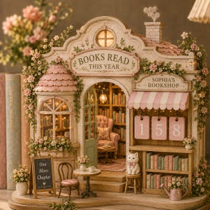 May include: A miniature bookshop model titled Sophia's Bookshop with the text Books Read This Year. The structure features a pink roof, floral accents, a white cat figurine, a small table with chairs, and shelves filled with tiny books.