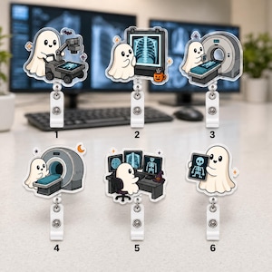May include: Six badge reels featuring cartoon ghosts in medical settings. Designs include a ghost with a portable X-ray machine, viewing an X-ray, operating a CT scanner, standing by a scanner, sitting at a computer workstation, and holding an X-ray.