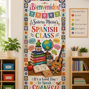 Türbanner für Spanischlehrer, Dekoration für das Klassenzimmer für Fremdsprachen, Schild für den Spanischunterricht, Geschenk zur Wertschätzung von Lehrern, Banner für den Schulanfang