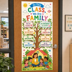 Könnte beinhalten: Ein vertikales Klassenzimmertür-Poster mit einem großen Baum, dessen Äste Schilder mit den Aufschriften We are KIND, We ENCOURAGE one another, We DO OUR BEST, We FORGIVE, We APOLOGIZE, We LAUGH OFTEN, We SHOW RESPECT und We do SECOND CHANCES tragen.