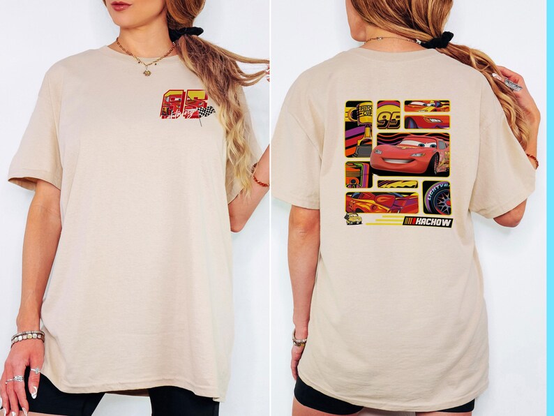 May include: Beige t-shirt featuring a graphic of a race car on the back and a smaller design on the front. The back design includes the number 95, a tire, and the word "HACHOW". The front design includes the number 95 and a checkered flag.
