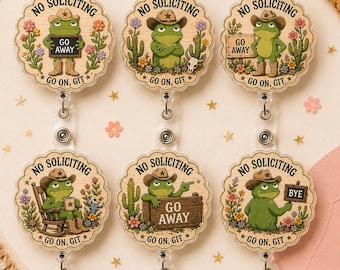 Funny No Soliciting Badge Reel, Cowboy Frog ID Holder, Office Decor, Funny Birthday Gift
