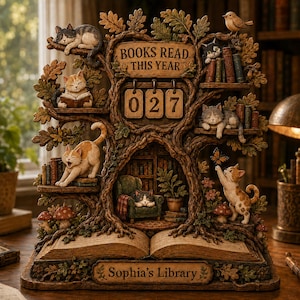 May include: A decorative tree-shaped sculpture featuring multiple cats, books, and a bird. The structure includes a sign reading BOOKS READ THIS YEAR, a flip-style counter showing 027, and a base with an open book labeled Sophia's Library.