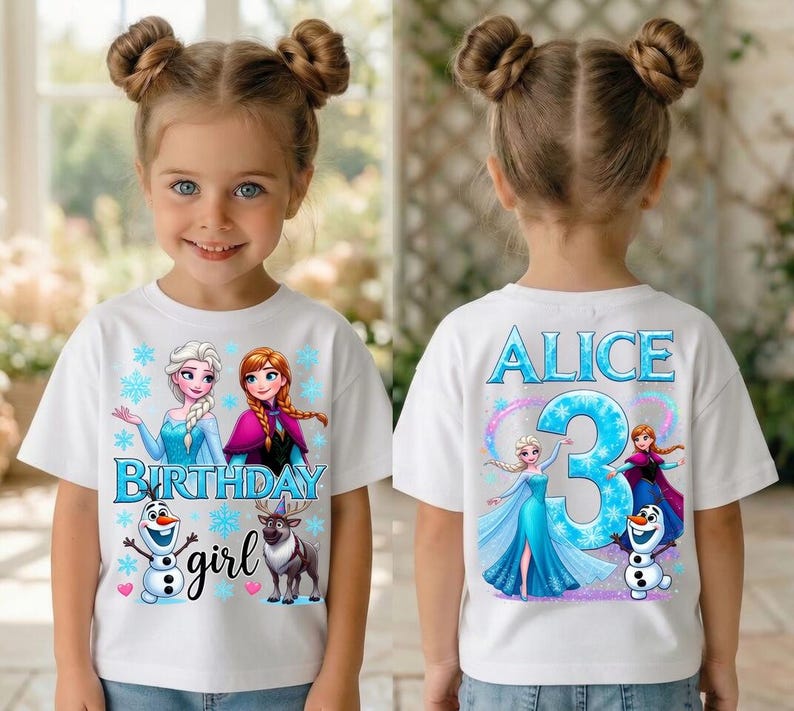 May include: White t-shirt featuring a colorful graphic of Elsa and Anna from Frozen, with the text "Birthday girl". The back of the shirt has the name "ALICE" and the number "3".